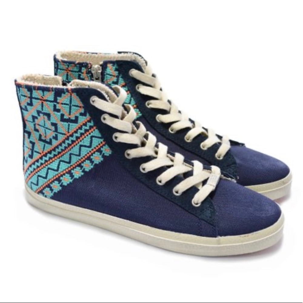 Kim & ZOZI high top Sneakers lace up denim turquoise embroidered Blue Leather 8